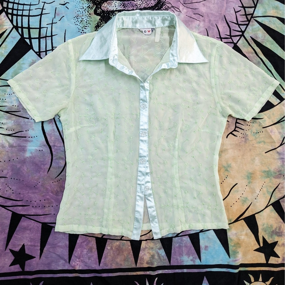 Vintage Y2K Sheer Chiffon Top XS Fairycore Embroidered Button Up Satin Collar